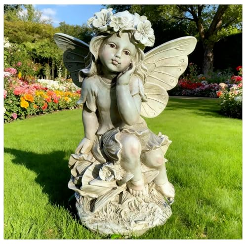 12.8" Flower Fairy Garden Statue, Lovely Outdoor Angel Figurine | Resin Large Garden Accent For Yards, Lawns, Patios, Porches, Flower Beds, Planters And Gifts For Mom Grandma - color: Sitting Fairy