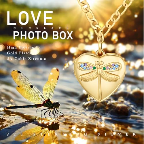 TUGHRA Mother's Day Gifts Gold Locket Necklaces for Women, 925 Sterling Silver Heart Photo Lockets Memorial Keepsake Jewelry Gift for Mom, Wife, Daughter - style: 1226-Dragonfly