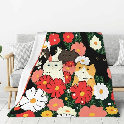 Flowers Fleece Throw Blanket, Cute Cat Flannel Blankets for Couch 50"×60" - color: Cute Cat