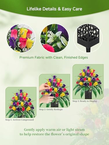 Mirevielyn 24-Stem Artificial Rose Cemetery Flowers with Spiked Vases - color: Red, Yellow & Purple