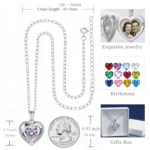 Locket Heart Necklace that Holds Pictures Photo Lockets Birthstone Pendant Anniversary Memorial Jewelry Gifts for Women - color: 06-June-Silver-Heart Locket