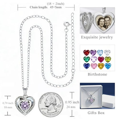 Locket Heart Necklace that Holds Pictures Photo Lockets Birthstone Pendant Anniversary Memorial Jewelry Gifts for Women - color: 06-June-Silver-Heart Locket