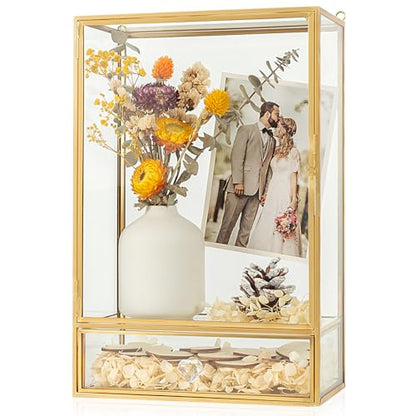 Shadow Box Frame, 3.5" Deep Wedding Shadow Boxes Display Case with Drawer, Glass Gold Shadow Memory Box for Picture, Wedding Bouquet, Pet Memorial and Keepsakes