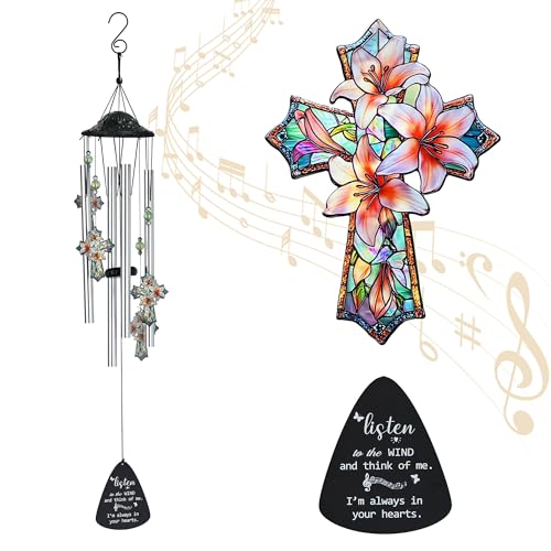 YU FENG Cross Memorial Wind Chime, Lily Flower Crystal Suncatcher | 34 Inch Outdoor Metal Chime, Religious Sympathy Gift, Remembrance Decor For Loss Of Loved One, Garden Patio Hanging - style: Faith Series – Cross – 34 Inch