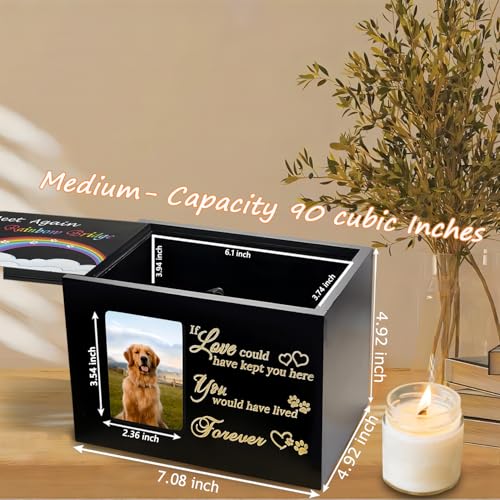 Solid Wood Pet Urns for Dog or Cat Ashes,Memorial Rainbow Bridge | Funeral Cremation Ashes Box with Photo Frame,Keepsake Urn with Black Flannel as Lining,Loss Pet Remembrance Gift - size: Medium - Capacity 90 Cubic Inches