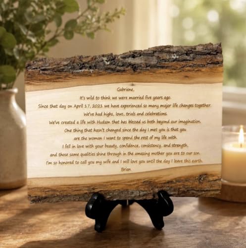 Handwritten Letter on Wood, Custom Engraved Wedding Vows & Anniversary | Authentic basswood, real bark edges, laser engraving, optional back message, 3 sizes, hanging hardware or stand