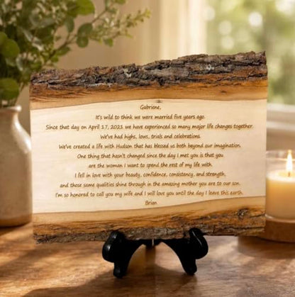 Handwritten Letter on Wood, Custom Engraved Wedding Vows & Anniversary | Authentic basswood, real bark edges, laser engraving, optional back message, 3 sizes, hanging hardware or stand