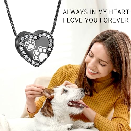 Oinsi Pet Cremation Jewelry - Heart Urn Necklaces for Dog Cat Ashes Keepsake Pet Paw Memorial Urn Pendant Ash Holder for Women Men - color: Black