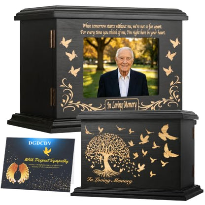 DGDCDV Cremation Urns for Human Ashes Male Female with Photo Frame | Large Wooden Memorial Urns for Adult Woman Men Human Ashes, Decorative Burial Funeral Urns Box and Caskets for Ashes