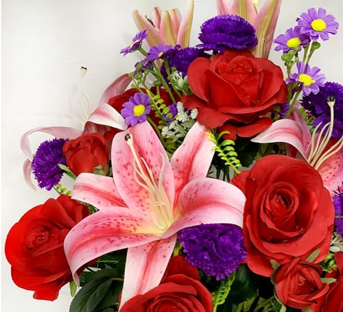 Artificial Cemetery Flowers with Vase, Artificial Rose Lily Carnation Bouquet, Graveyard Memorial Flowers for Cemetery Headstones Decoration