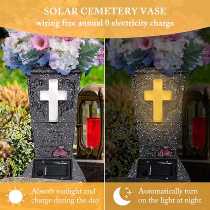 Solar Cemetery Vase with LED Cross Lamp Memorial Flower Holder - color: Warm Light Cross