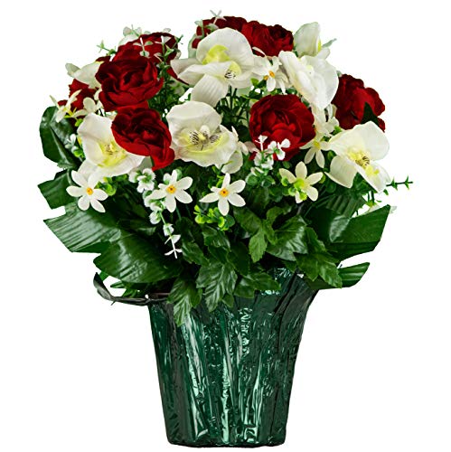 Artificial Flowers - Weighted Pot Bouquet Decoration - Fade Resistant - Red Cabbage Rose and White Orchids Flower Pot - color: Red