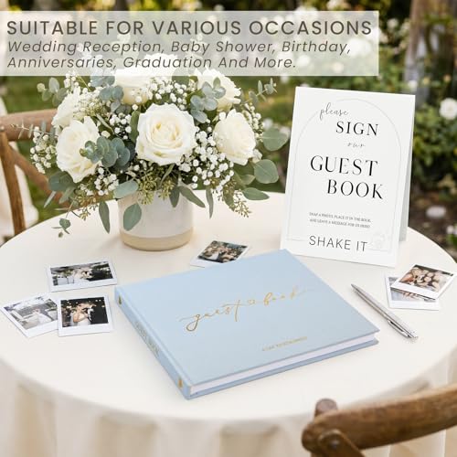 Wedding Guest Book, Polaroid Photo Guestbook for Baby Shower | Table Sign Included, Gold Stamping, Hardcover, 9x7.5", Perfect for Bridal Party & Baby Shower, Dusty Blue - color: Dusty Blue