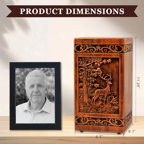 Wooden Urn for Ashes Adult Male Female,Decorative Burial Funeral Memorial Urn, Burial Casket Keepsake with Velvet Bag (Brown, 10, Deer)