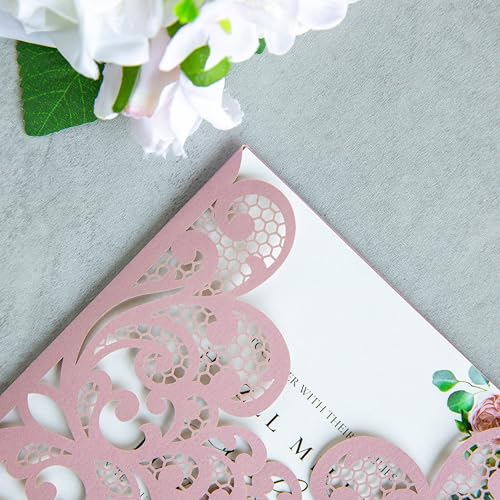 20Pcs Dusty Rose Laser Cut Wedding Invitation Cards With Envelopes - color: Dusty Rose