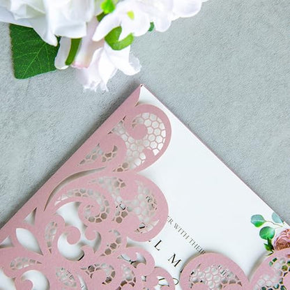 20Pcs Dusty Rose Laser Cut Wedding Invitation Cards With Envelopes - color: Dusty Rose