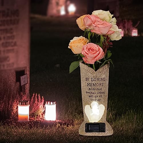 Solar Memorial Cemetery Flower Vase with LED for Fresh/Artificial Cemetery Grave Decorations Angel Statue Vase with Spikes Gravestone Decor - style: Angel