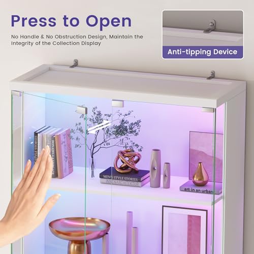 Dystler Glass Display Cabinet with Doors and RGB LED Lights | 69" Tall Curio Cabinet, 5-Tier Wooden Shelves, Lockable Display Case, Motion Sensor, for Collectibles, Living Room, White - color: White