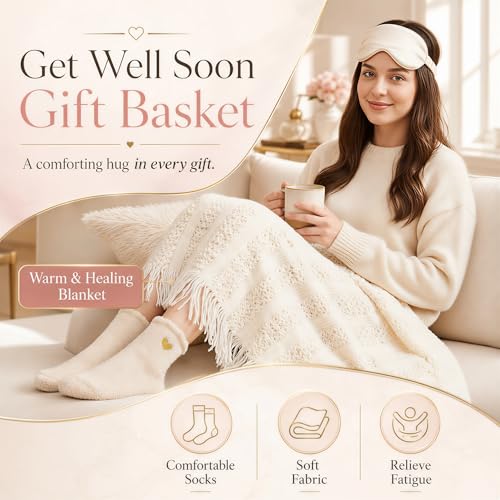 15 Pcs Get Well Soon Gifts Basket, Spa Set, Blanket, Socks, Self Care Package Sympathy Gifts for Women, Thinking of You Gift for Mom, Friends - color: Ivory White