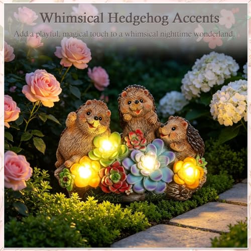 Hedgehog Solar Garden Statues with Succulent Animal Figurines - color: Brown-hedgehog03