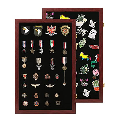VERANI Pin Display Case Badge Display Frame Oversized Mahogany | Flexible layout arrangement,Premium real clear glass door,Solid wood matte black frame,Wall mountable design - size: 16x25 - Mahogany