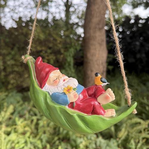Garden Gnome Outdoor Statues for Garden Decor, Gnome Bird Flowers Resin Hanging Decorations Tree Ornaments Figurines for Outside Backyard Art Decor - color: Hanging Sleeping Gnome