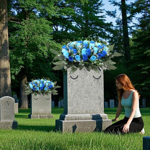 Artificial Cemetery Flower Headstone Flower Saddle Grave Rose Flowers for Cemetery Non-Bleed Colors Windpoof (Blue) - color: Blue