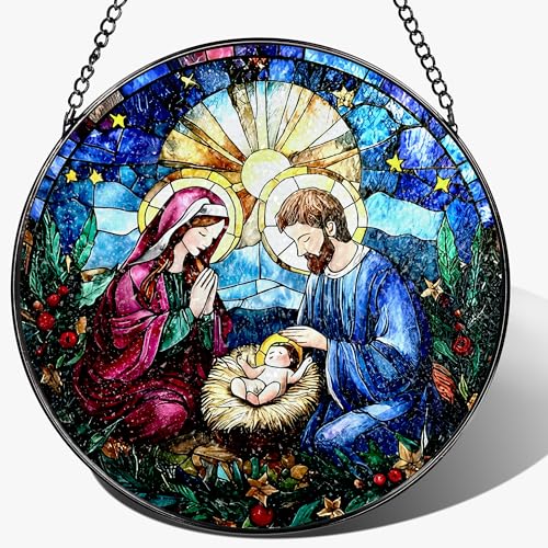 8-Inch Nativity Scene Stained Glass Suncatcher Ornament, Stained Glass Window Hanging & Nativity Religious Ornament, Christian Home Decor — Gifts for Christmas, Christian Gift, Religious Gift - color: Nativity-f