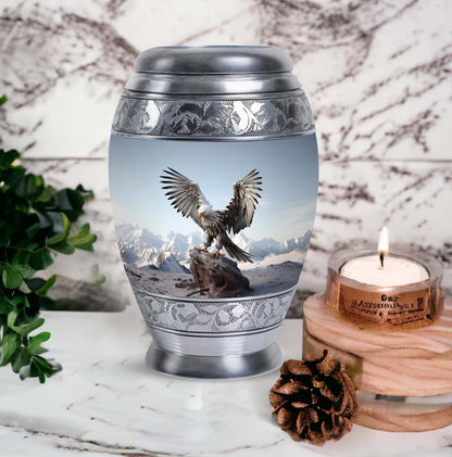 Eagle with Snow Mountains in - Burial Urn for Adult Human Ashes - Unique Urn - 10 Inch Large - Funeral Ash Holder - size: Large
