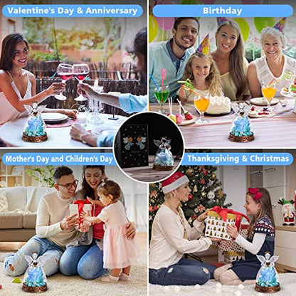 Preserved Real Rose in Glass Angel Figurine with LED Light, Angel Gifts for Women, Mom, Grandma on Mother's Day Christmas Birthday (Blue) - color: Blue