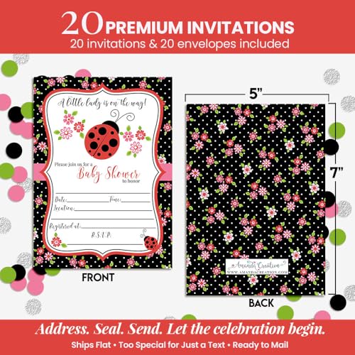 Amanda Creation Ladybug Baby Shower Invitations, 20 Fill-In 5x7 Love Bug Baby Shower Invitation Double-Sided Red Ladybug Theme Invite Cards with White Envelopes - style: Red Ladybug