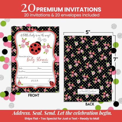 Amanda Creation Ladybug Baby Shower Invitations, 20 Fill-In 5x7 Love Bug Baby Shower Invitation Double-Sided Red Ladybug Theme Invite Cards with White Envelopes - style: Red Ladybug
