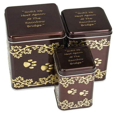 Rainbow Bridge Cremation Urn Tins Set - Small, Medium, Large - Nesting Memorial Containers with Gold Paw Prints and Ivy Design - Pet Ashes and Keepsakes