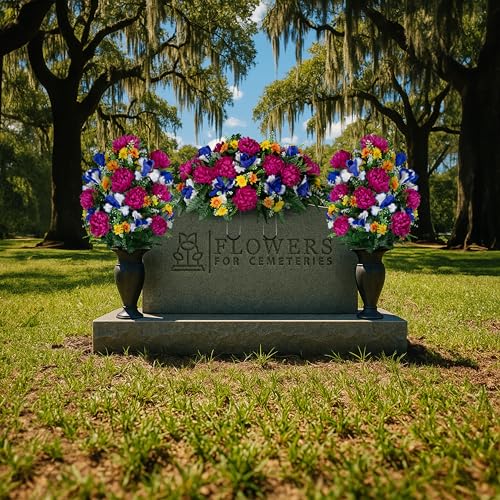Sympathy Silks - Artificial Flowers for Cemeteries - Fuchsia Mums with Blue Iris - (1) Headstone Saddle (2) Bouquets - size: (1) Saddle (2) Bouquets