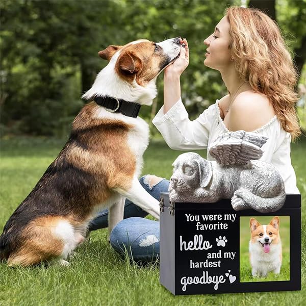 Dog Urn with Picture, Wooden Pet ERN for Dog Ashes Cremation Casket Box