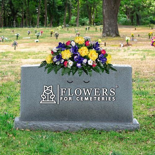 Sympathy Silks 30" Spring Headstone Flowers Saddle - Purple Iris, Yellow Mum, Daisies - Grave Flowers - Mother's Day Spring Flowers