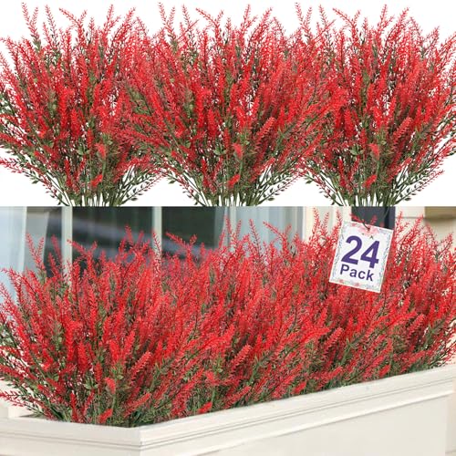 24 Pcs Artificial Lavender Fake Flowers Outdoors, Red | Realistic, faux plastic plants, UV resistant, for home wedding garden patio window table centerpieces indoor outdoor decor - color: Red, size: 24 Bundles