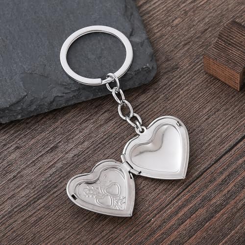 2PCS Elegant Heart Locket Keychain with Decorative Chain Stainless steel, Heart Pattern Design, Photo Frame Pendant - color: Heart-2
