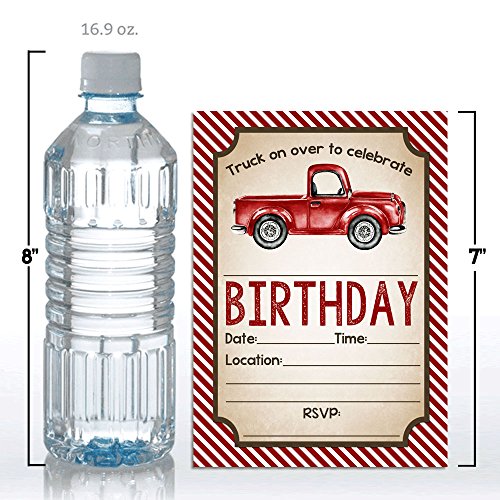 Watercolor Red Pick Up Truck Birthday Party Invitations for Boys, 20 5x7 Fill In Cards with Twenty White Envelopes by AmandaCreation - style: Watercolor Red Pick Up Truck