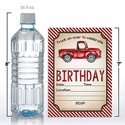 Watercolor Red Pick Up Truck Birthday Party Invitations for Boys, 20 5x7 Fill In Cards with Twenty White Envelopes by AmandaCreation - style: Watercolor Red Pick Up Truck