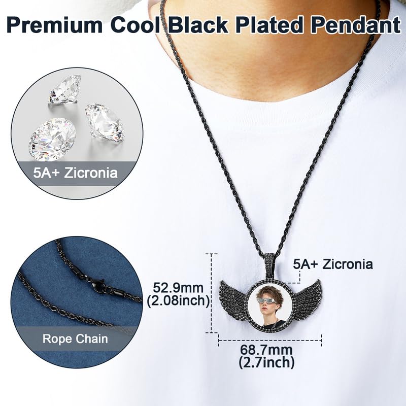 YIMERAIRE Customized Picture Necklace Personalized Circle Chain - color: 02 Black Angel Wing Blank Pendant