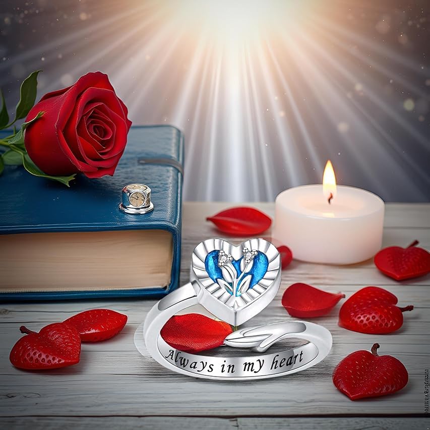 925 Sterling Silver Heart Urn Ring for Ashes for Women - Cremation Jewelry Keepsake Thumb Rings Adjustable with Rose/Sunflower Gift for Lost Of Love Ones Human Adult Pet - style: Blue Heart Tulip