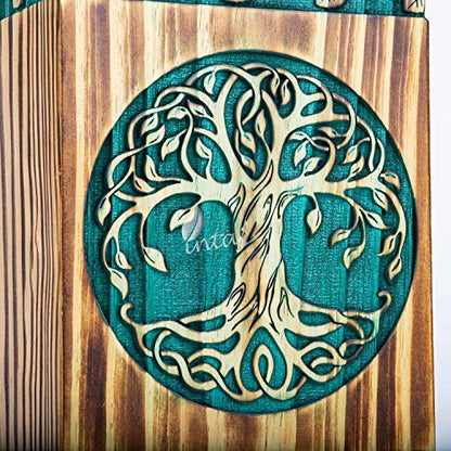 Wooden Cremation Urn for Human Ashes, 180 Cu in, Large, Teal & Gold | Hand-carved wood, teal over gold, screw-locked sliding base, engraving available, holds up to 180 lb - color: Teal & Gold, size: Medium - 9.5Hx5.5W (180 Cu/In)