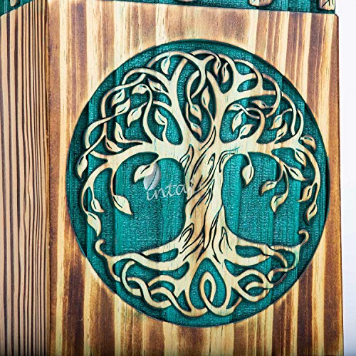Wooden Cremation Urn for Human Ashes, 115 Cu in, Medium, Teal & Gold | Hand-carved wood, teal over gold, screw-locked sliding base, engraving available, holds up to 115 lb - color: Teal & Gold, size: Small - 8Hx4.75W (115 Cu/In)