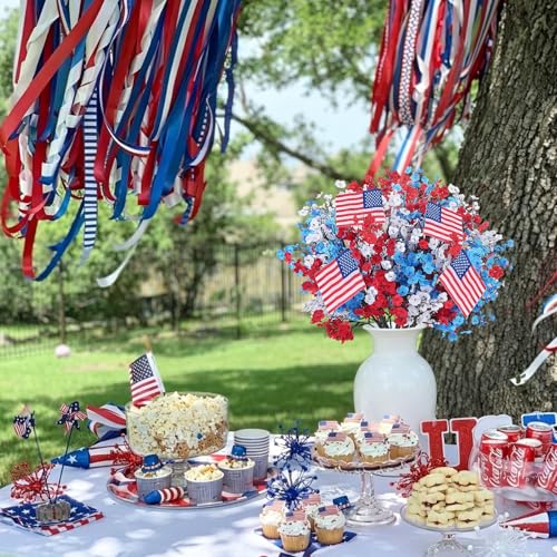 28PCS Red White and Blue Flowers Artificial Patriotic Decor - color: Red White and Blue