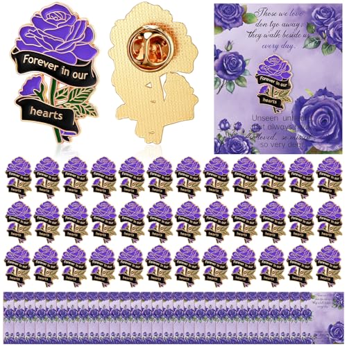 Suncalla 65 Sets Funeral Favors, Celebration of Life Favors Bulk Memorial Rose Lapel Pins with Recuerdos Sympathy Cards for Memorial Party Supplies Guest Return Favor Funeral Gifts - color: Purple