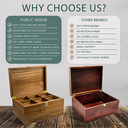 Locking Wooden Keepsake Box, Customizable Design With Adjustable Tray. Large Wooden Box with Hinged Lid for Wedding and Memory Keepsakes - color: Natural