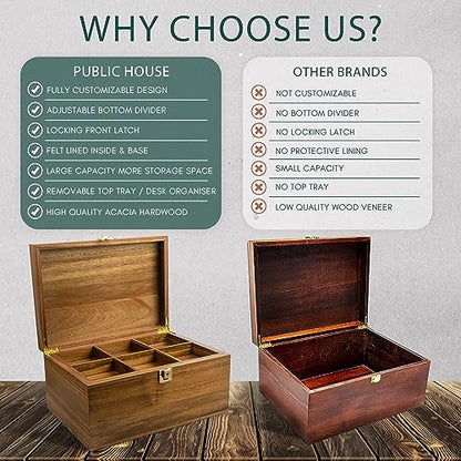Locking Wooden Keepsake Box, Customizable Design With Adjustable Tray. Large Wooden Box with Hinged Lid for Wedding and Memory Keepsakes - color: Natural