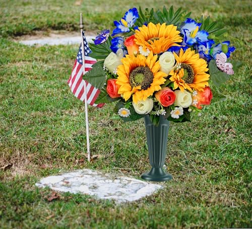 Artificial Cemetery Flowers for Grave Decorations: Sunflower, Rose, Cattleya Bouquet with Vase – Ideal for Sympathy & Memorial Tributes