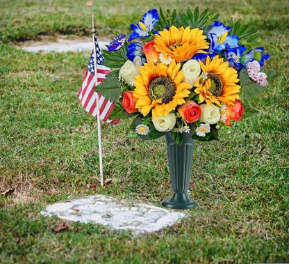 Artificial Cemetery Flowers for Grave Decorations: Sunflower, Rose, Cattleya Bouquet with Vase – Ideal for Sympathy & Memorial Tributes